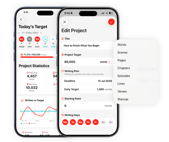 Track your progress in words, scenes, chapters, pages, lines...